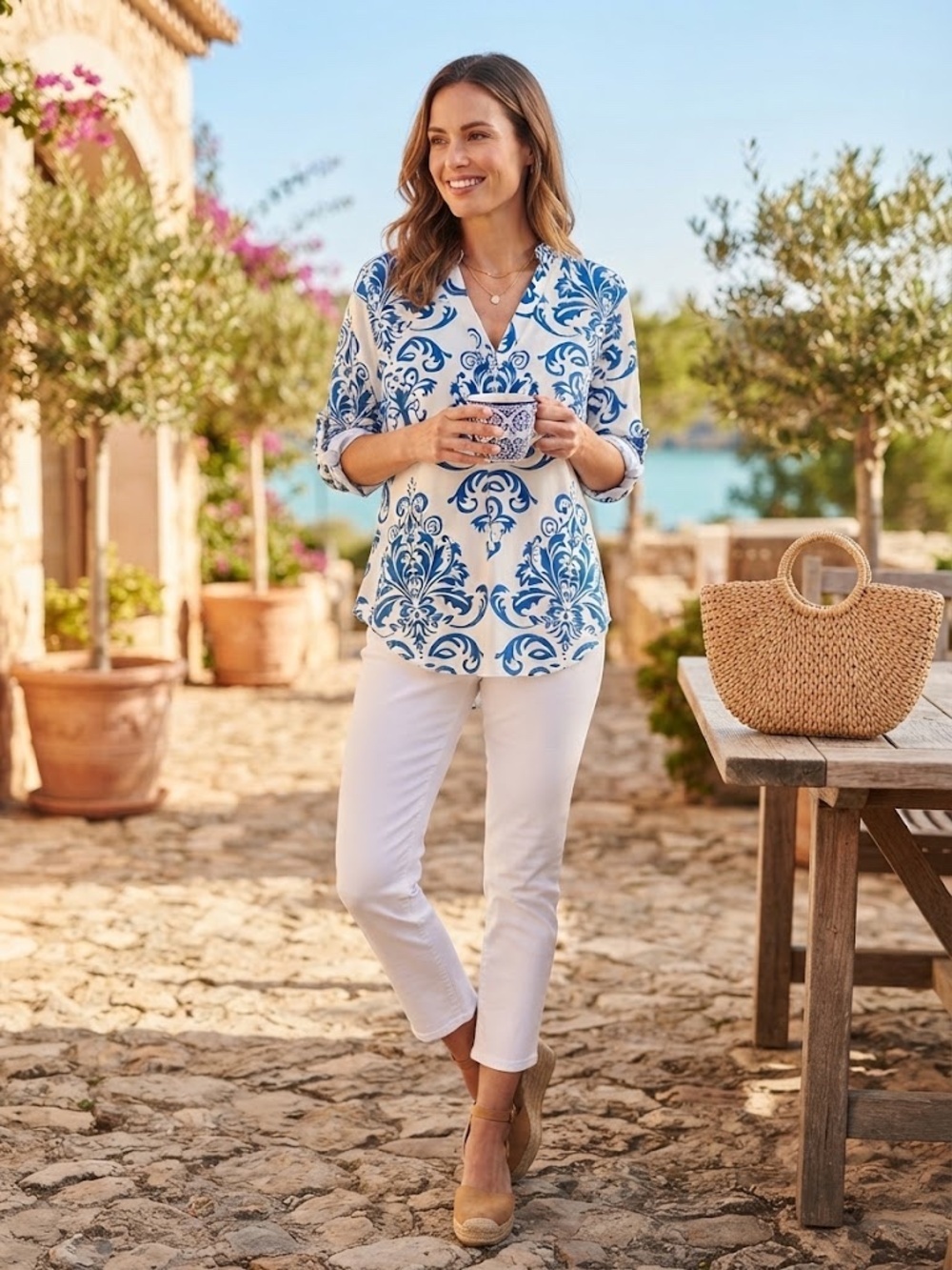 V Neck Patterned Blouse